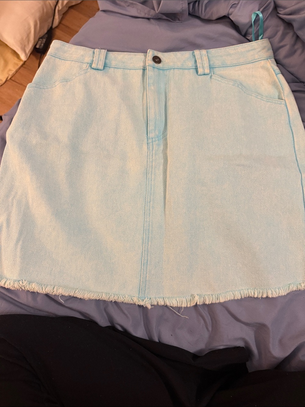 Light Blue Denim Mini Skirt with Frayed Hem